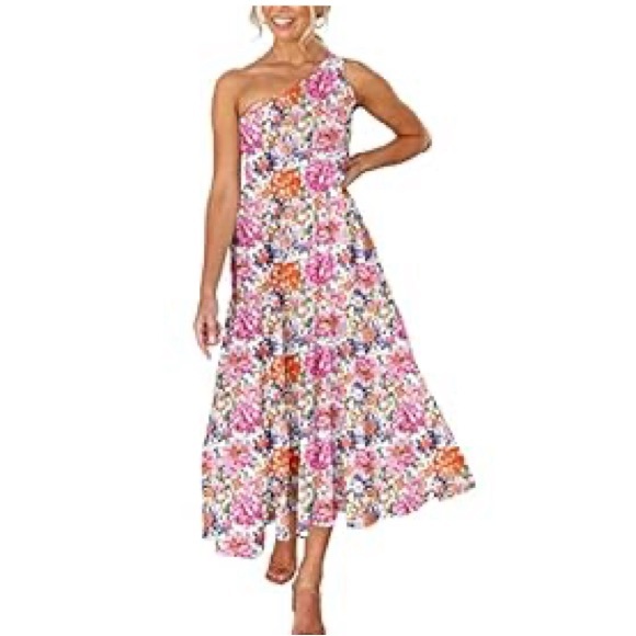 LOGENE Women's One Shoulder Summer Smocked Midi Dress floral large - Picture 1 of 8